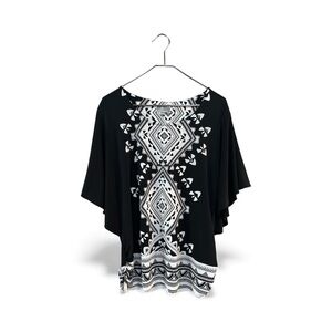 JM Collection Black White Geometric Print  Top Plus Size XL Flutter Sleeve